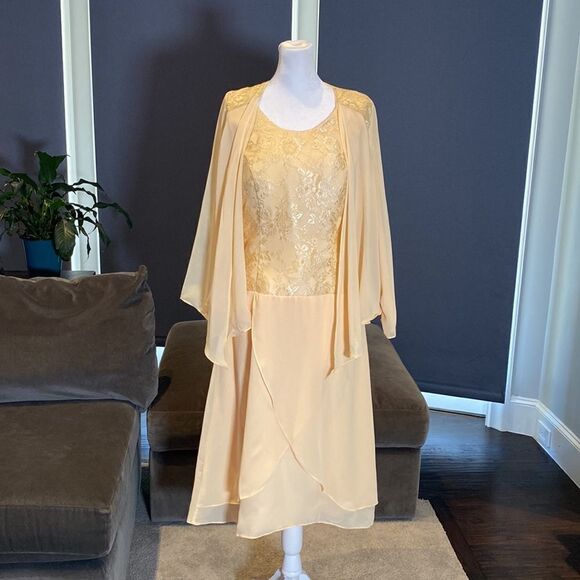 Women’s Tea Length Chiffon & Lace Dress with Matching Chiffon Jacket Size 12 - Picture 2 of 13
